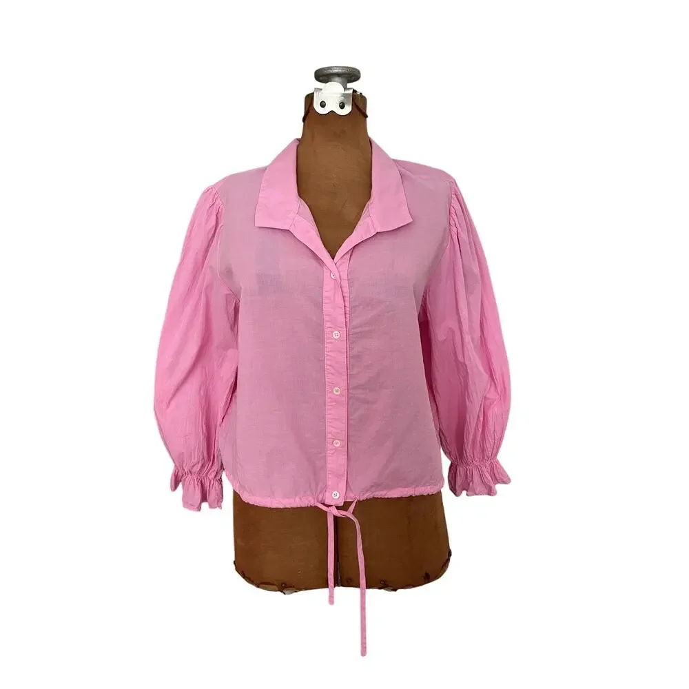 Xirena Sz M Elody Puff Sleeve Top Pink Cotton Cropped Feminine Coastal Ruffle - Picture 3 of 16